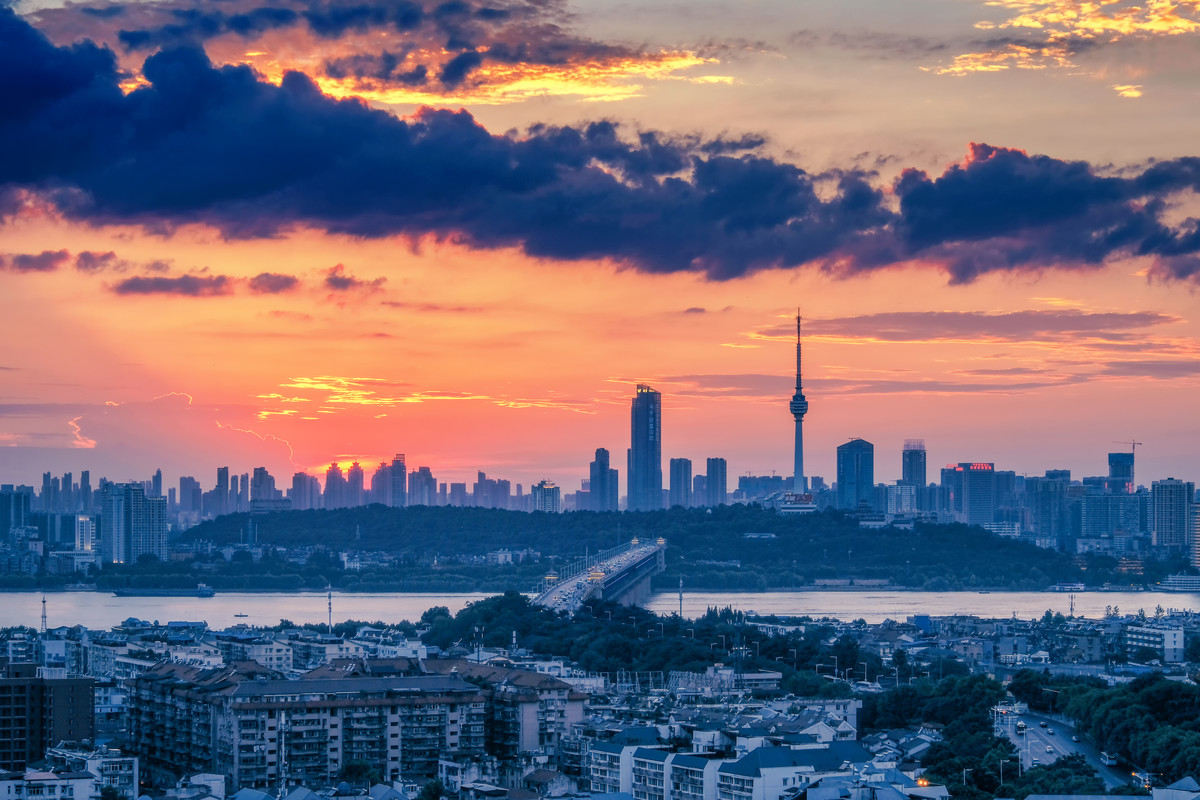 武漢長江大橋夕陽景圖