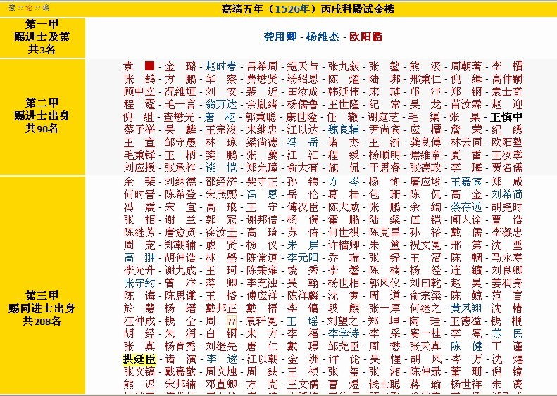 “嘉靖五年（1526年）丙戌科殿試金榜”截圖