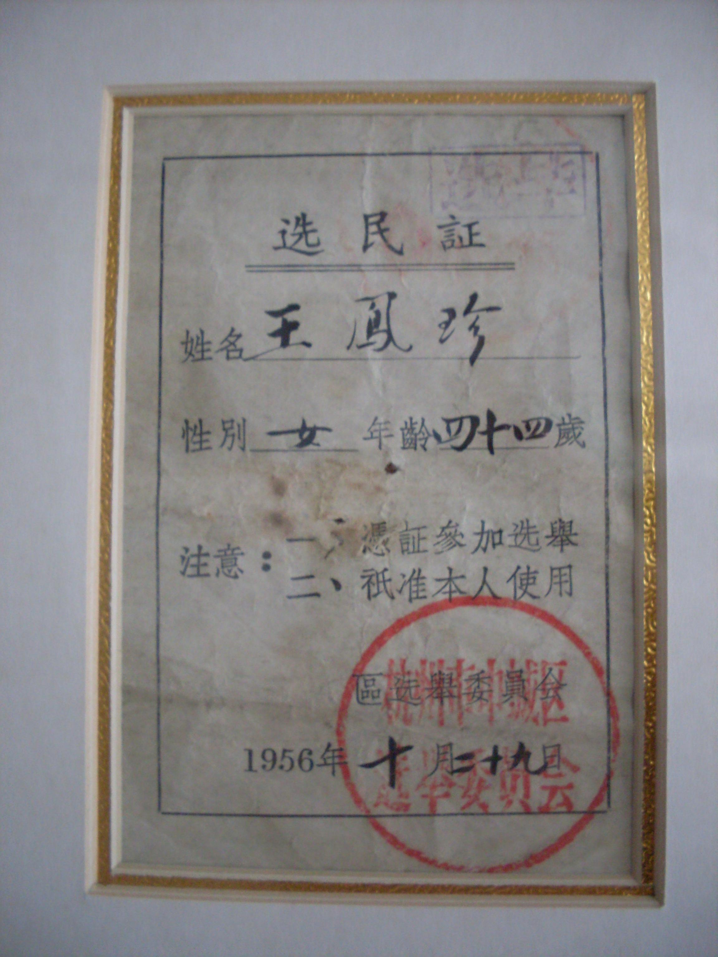 中策獎狀博物館藏1956年中城區選民證